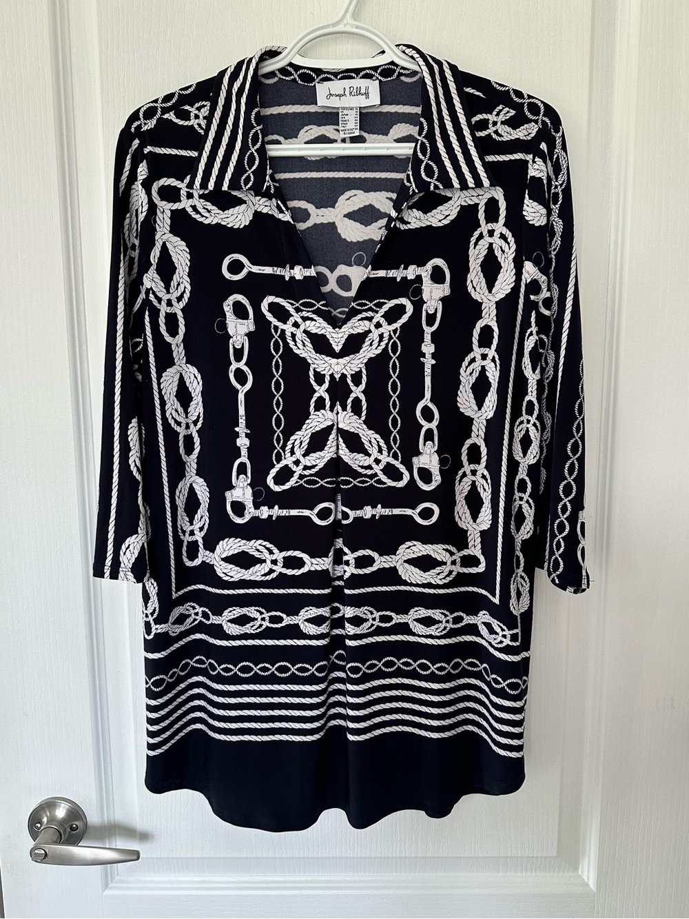 Joseph Ribkoff Designer Nautical Rope Chain Print Tunic Top V-Neck 3/4 Sleeve